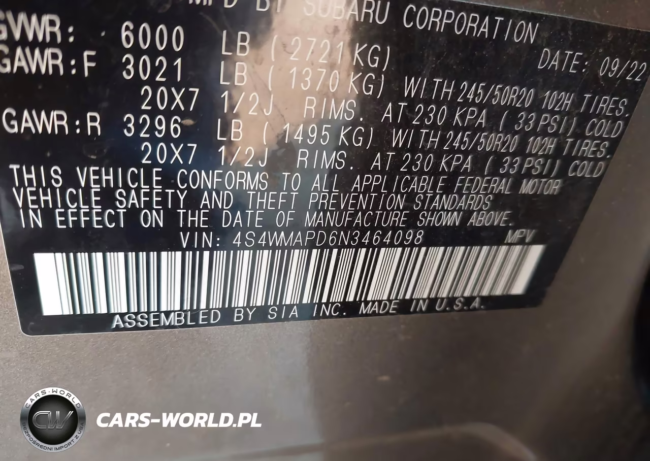 2022 Subaru Ascent Limited VIN:4S4WMAPD6N3464098 - 9