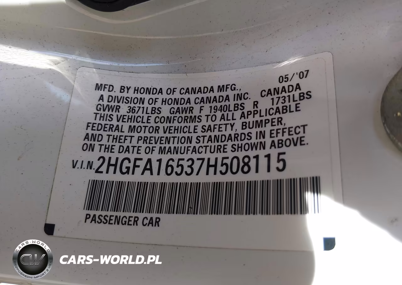 2007 Honda Civic Lx VIN:2HGFA16537H508115 - 9