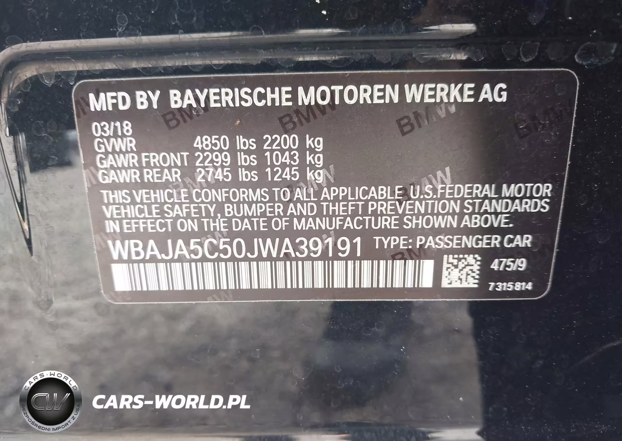 2018 BMW 530I VIN:WBAJA5C50JWA39191 - 9