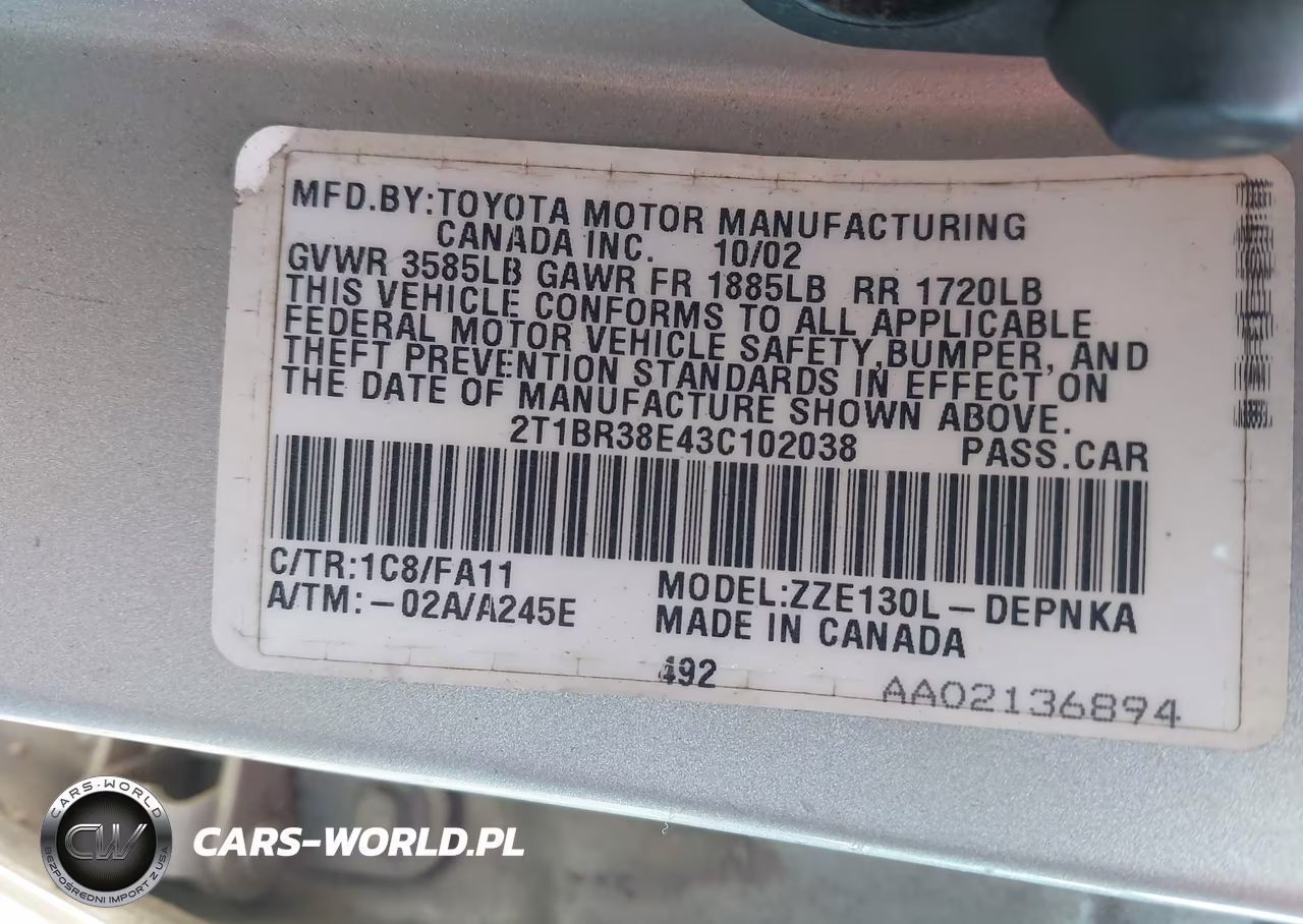 2003 Toyota Corolla Le VIN:2T1BR38E43C102038 - 9