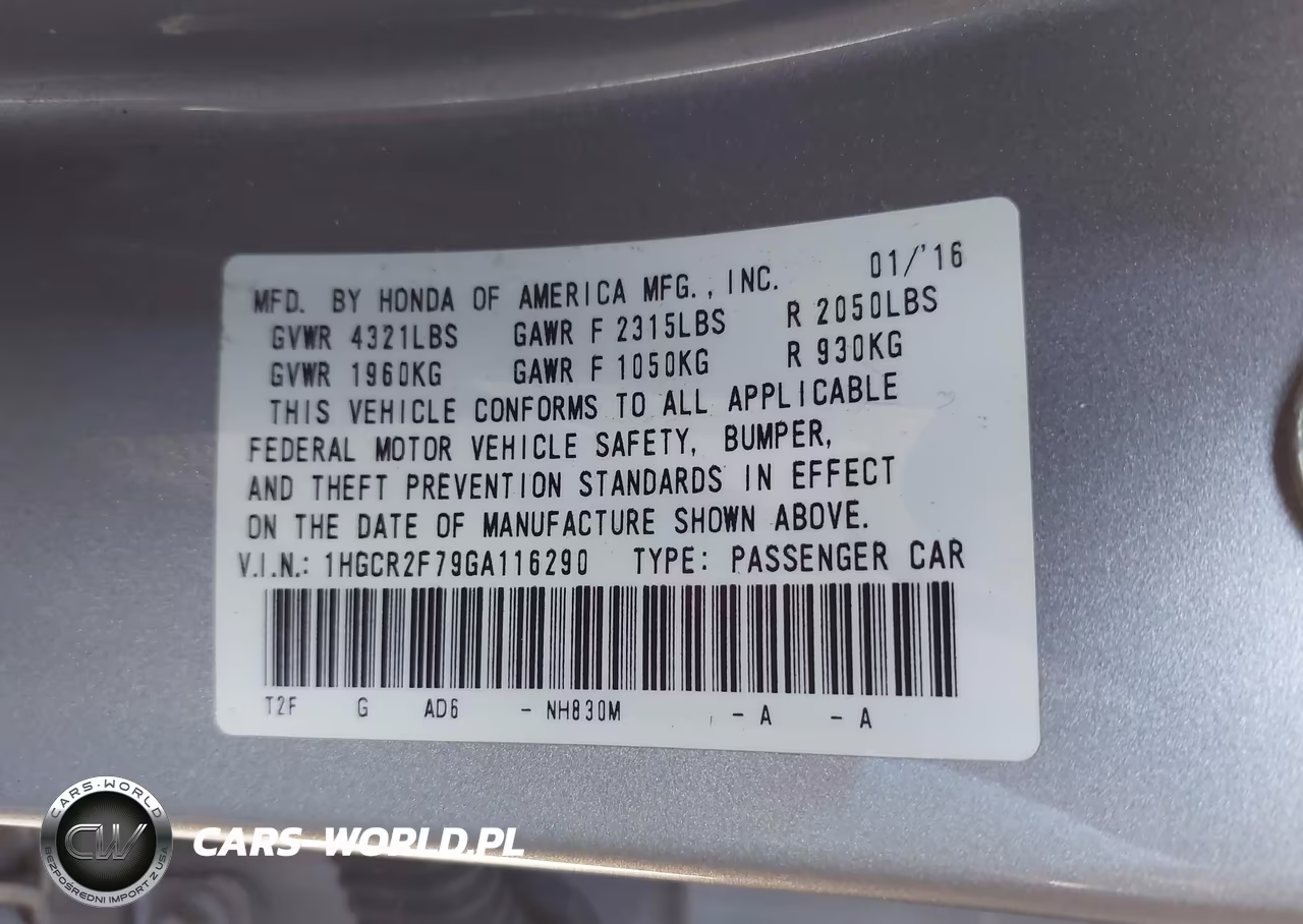 2016 Honda Accord Ex VIN:1HGCR2F79GA116290 - 9