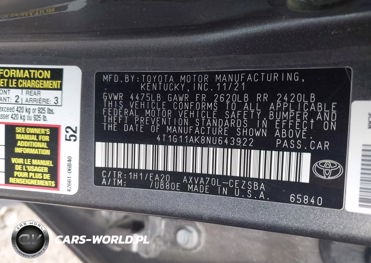 2022 Toyota Camry Se VIN:4T1G11AK8NU643922 - 9