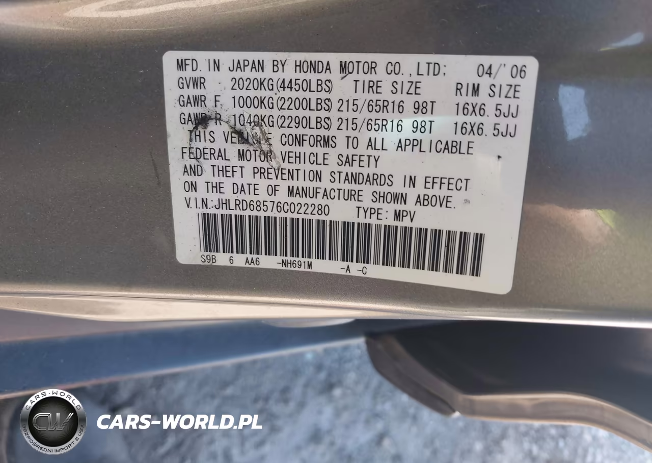 2006 Honda Cr-V Lx VIN:JHLRD68576C022280 - 9