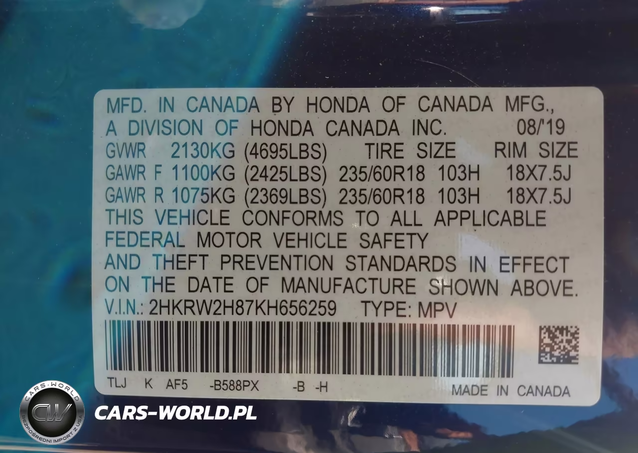 2019 Honda Cr-V Ex-L VIN:2HKRW2H87KH656259 - 9