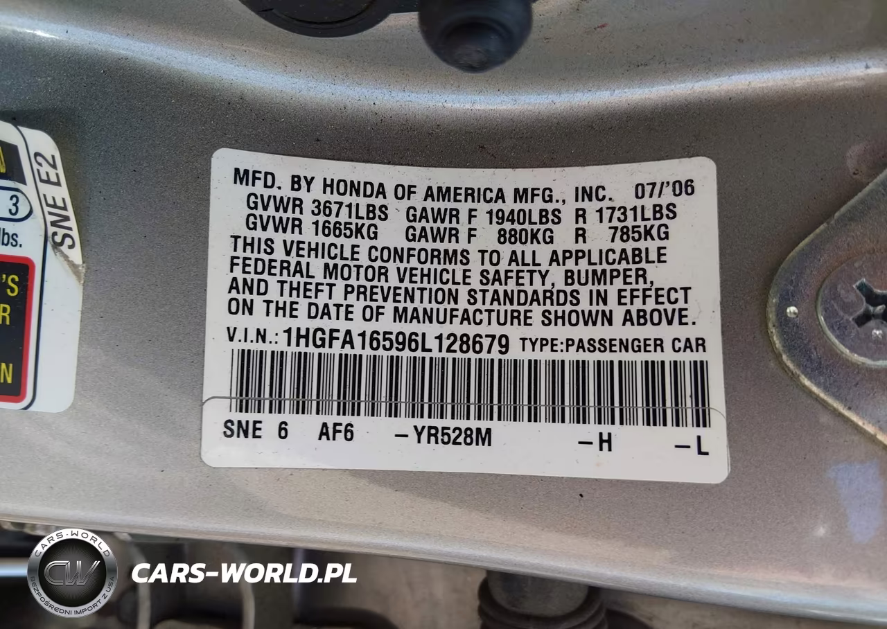 2006 Honda Civic Lx VIN:1HGFA16596L128679 - 9