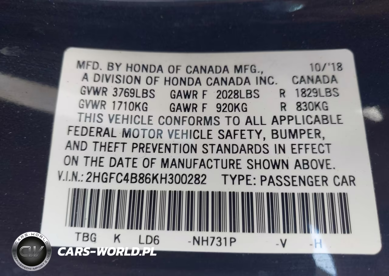 2019 Honda Civic Sport VIN:2HGFC4B86KH300282 - 9