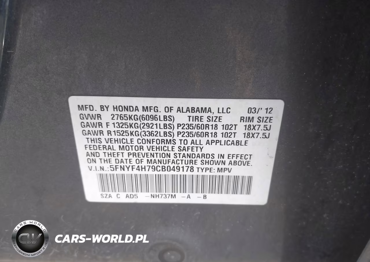 2012 Honda Pilot Ex-L VIN:5FNYF4H79CB049178 - 9