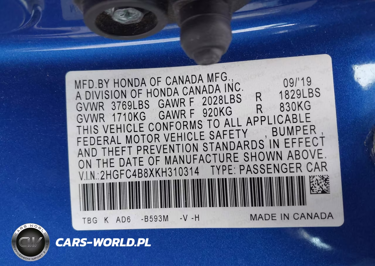 2019 Honda Civic Sport VIN:2HGFC4B8XKH310314 - 9