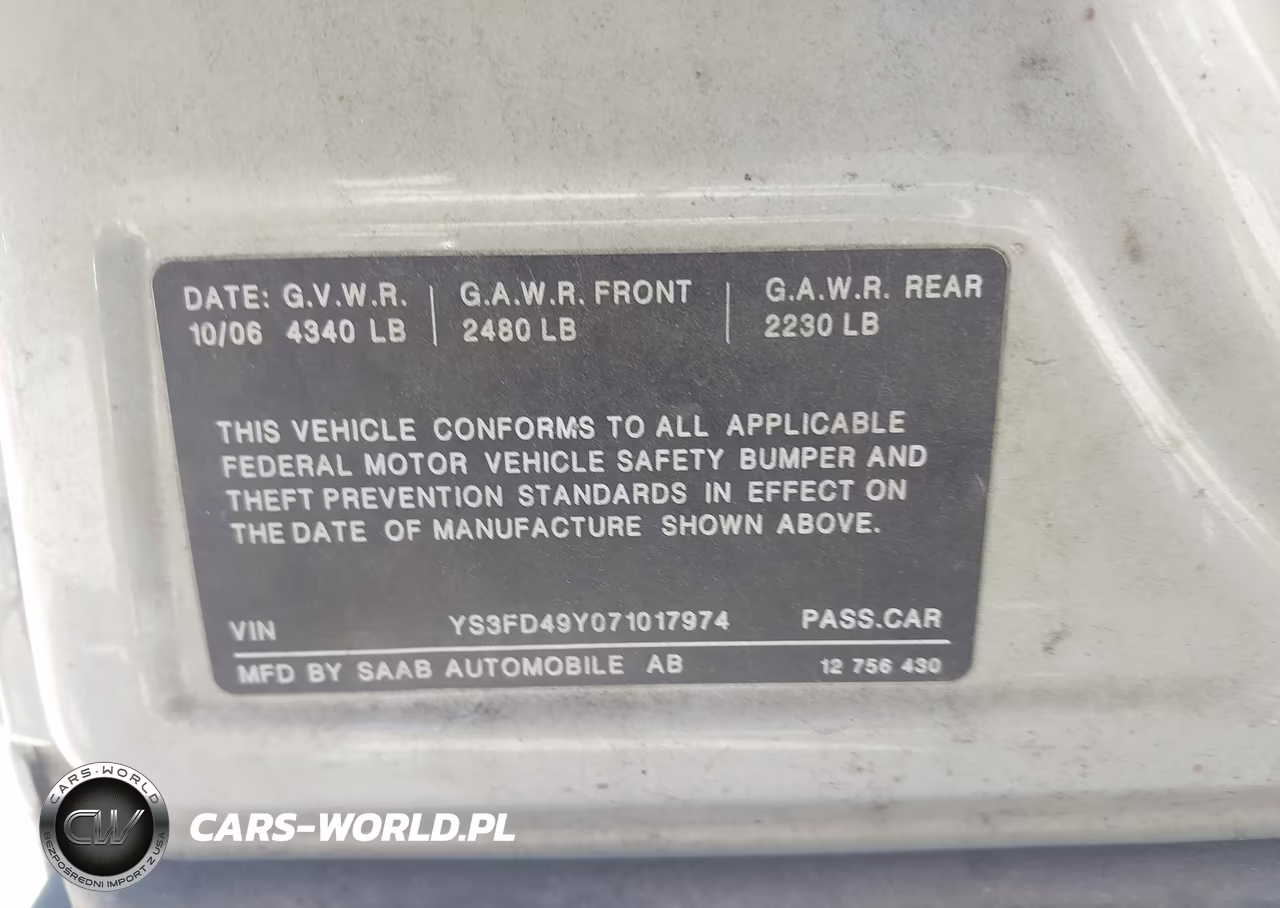 2007 Saab 9-3 2.0T VIN:YS3FD49Y071017974 - 9