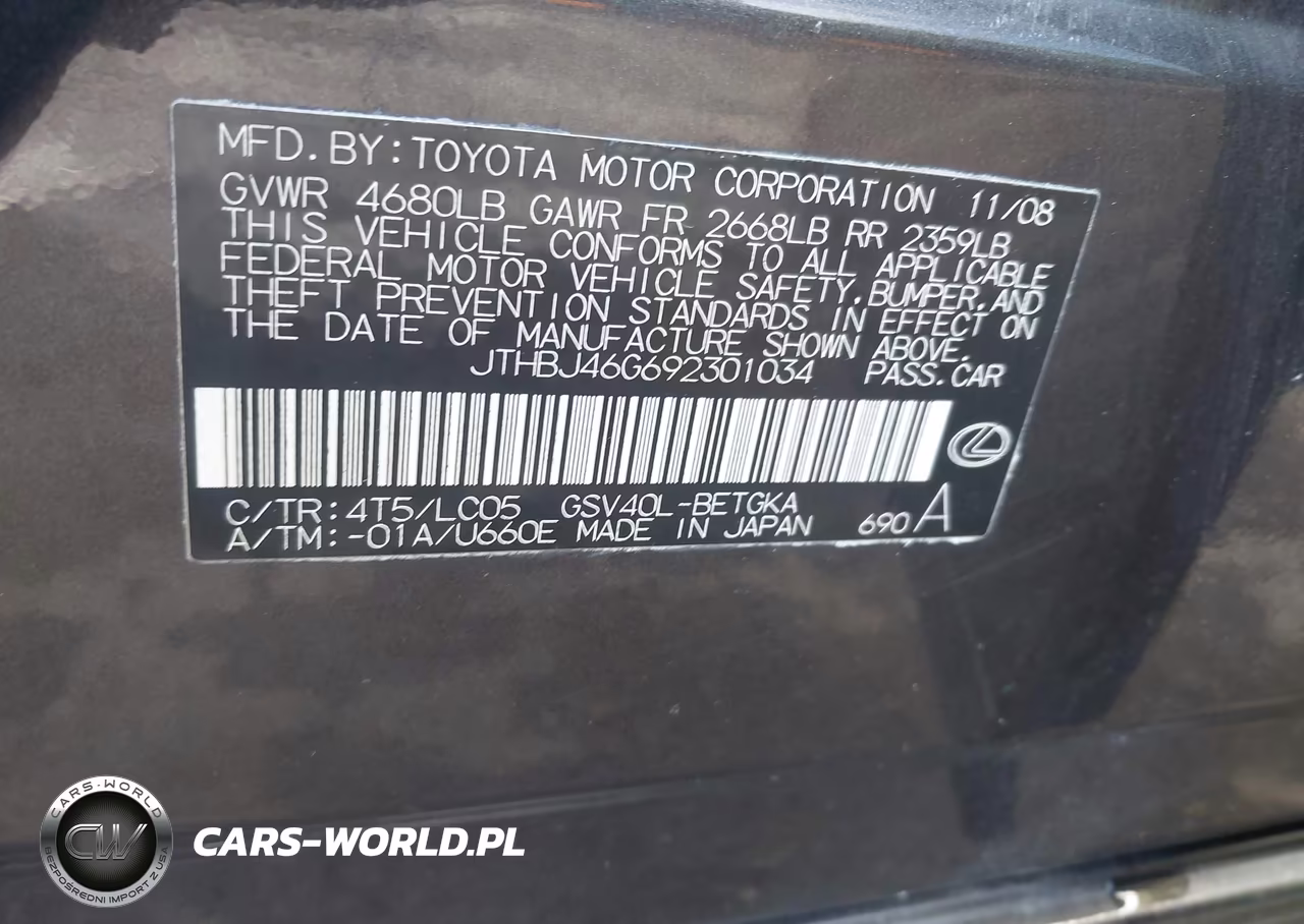 2009 Lexus Es 350 VIN:JTHBJ46G692301034 - 9