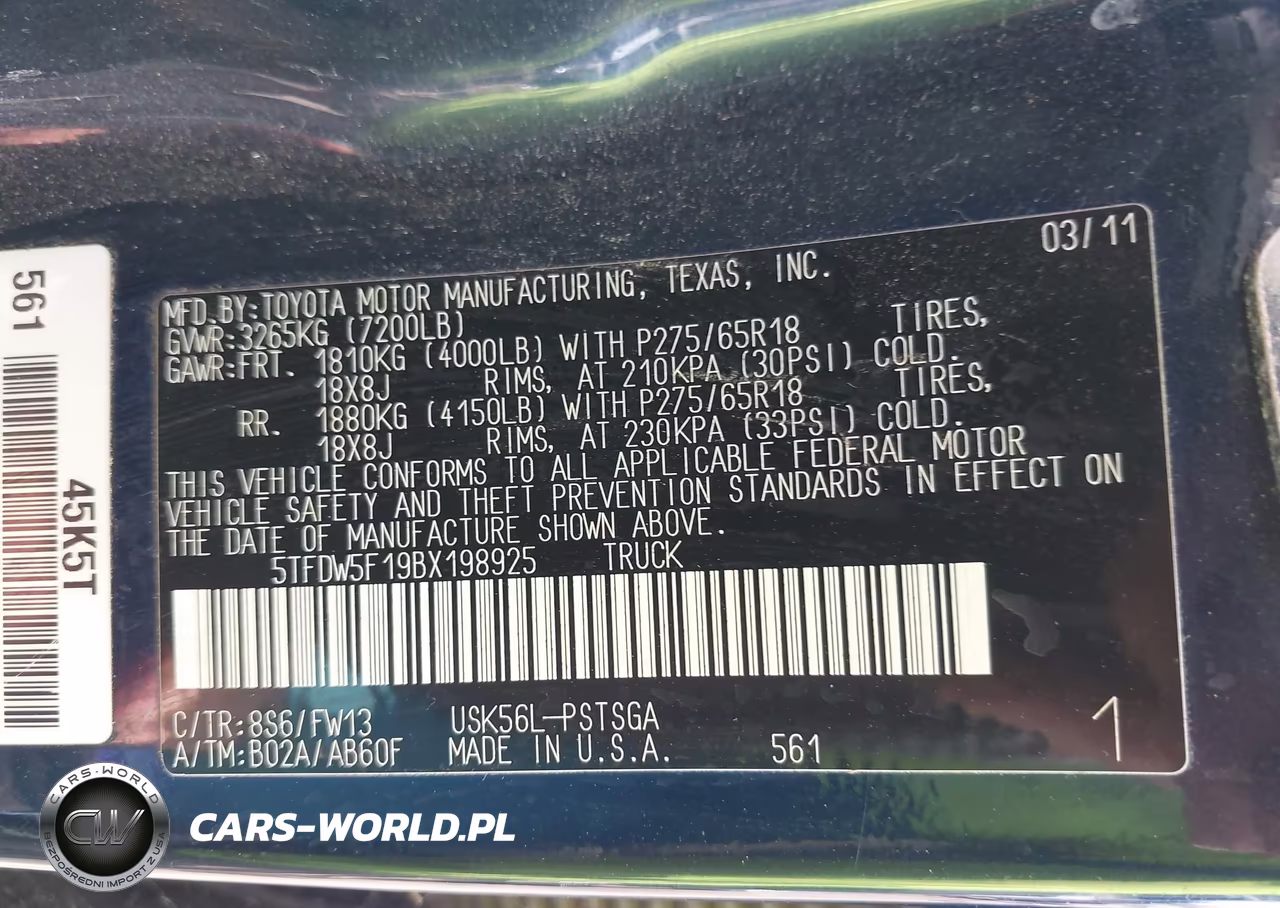 2011 Toyota Tundra Grade 5.7L V8 VIN:5TFDW5F19BX198925 - 9