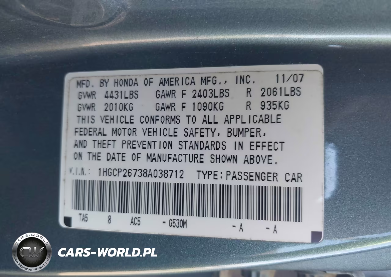 2008 Honda Accord 2.4 Ex VIN:1HGCP26738A038712 - 9