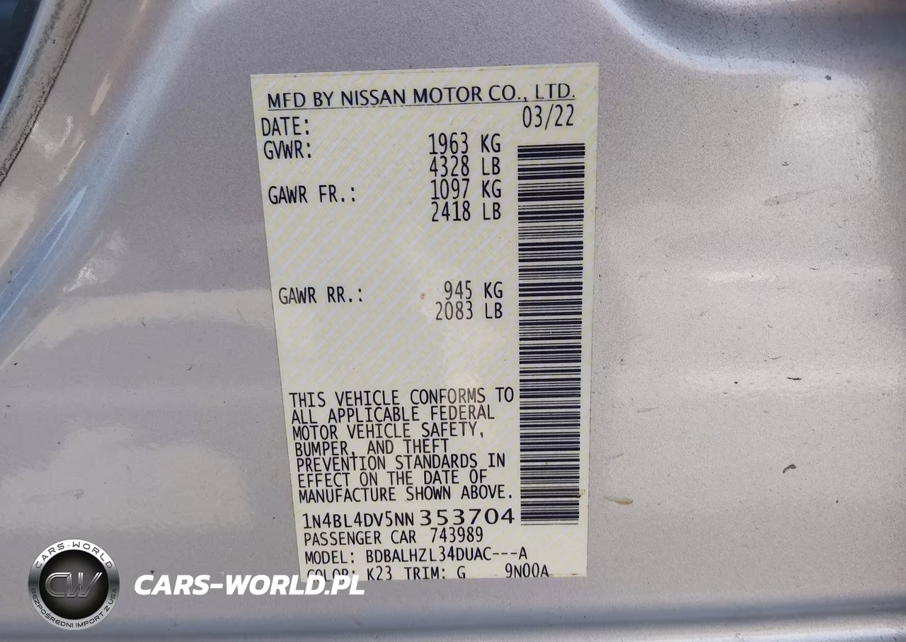 2022 Nissan Altima Sv Fwd VIN:1N4BL4DV5NN353704 - 9