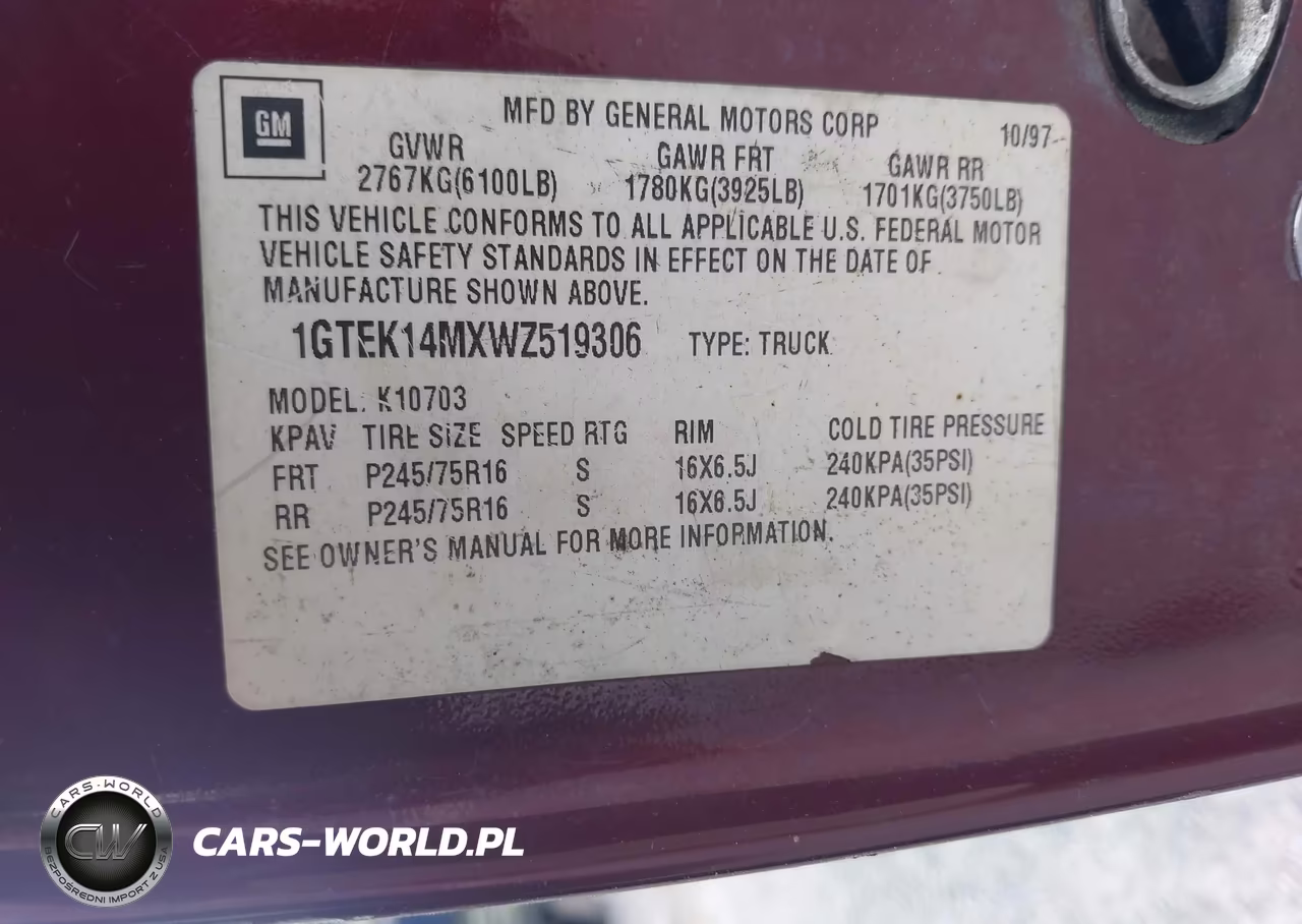1998 GMC Sierra 1500 Sl Wideside VIN:1GTEK14MXWZ519306 - 9
