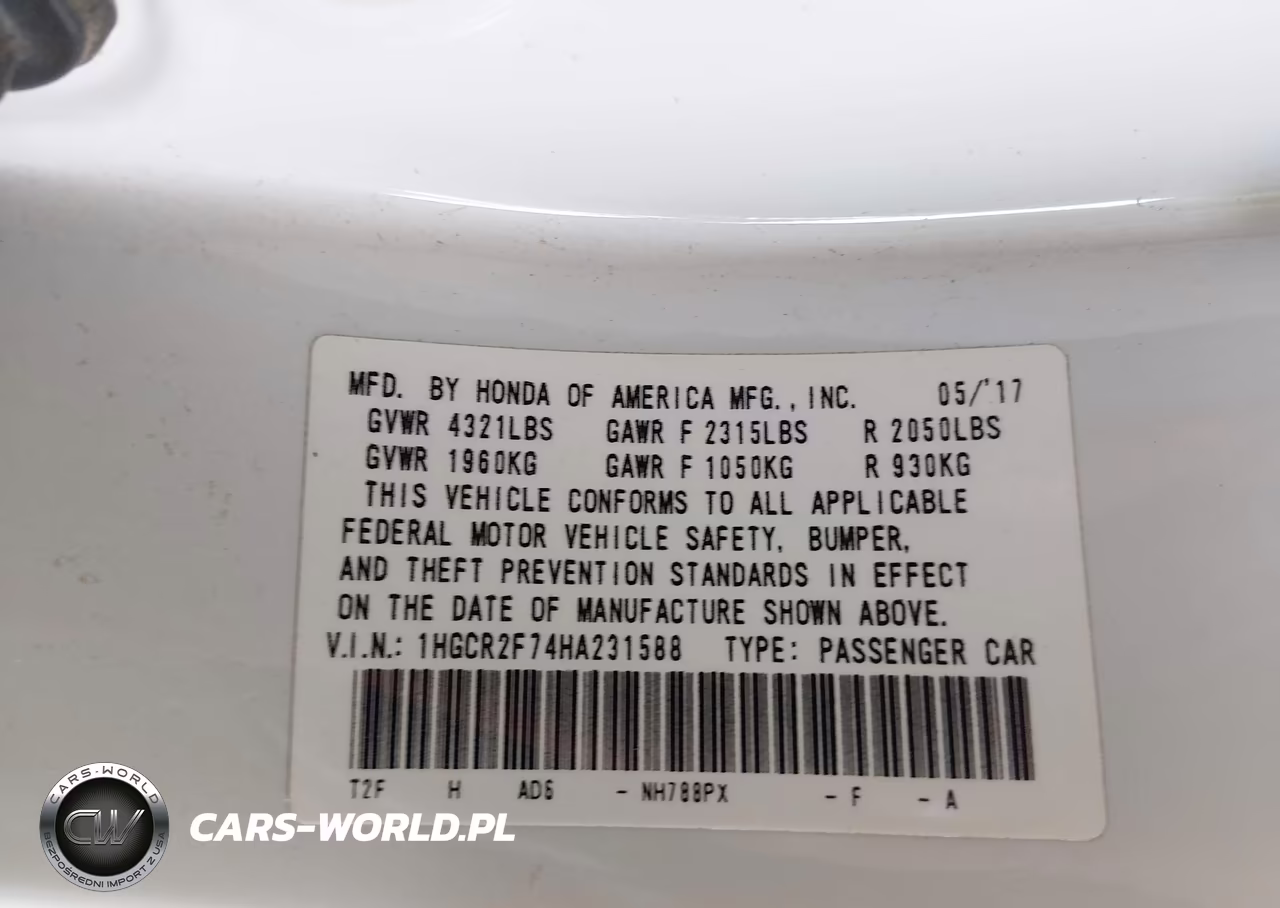 2017 Honda Accord Ex VIN:1HGCR2F74HA231588 - 9