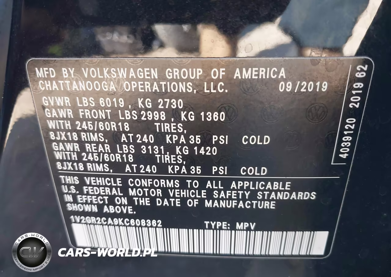 2019 Volkswagen Atlas 3.6L V6 S VIN:1V2GR2CA9KC608362 - 9