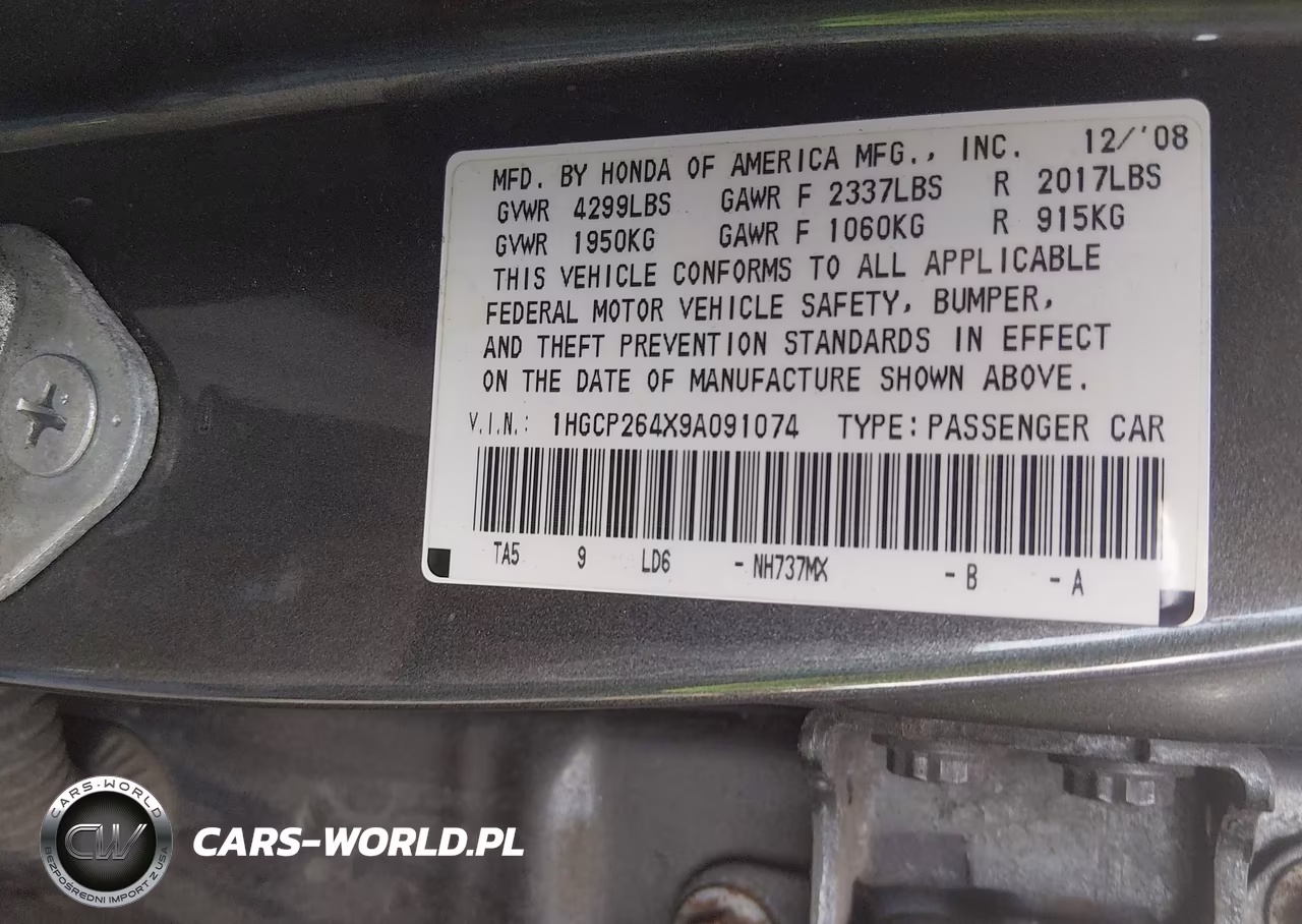 2009 Honda Accord 2.4 Lx-P VIN:1HGCP264X9A091074 - 9