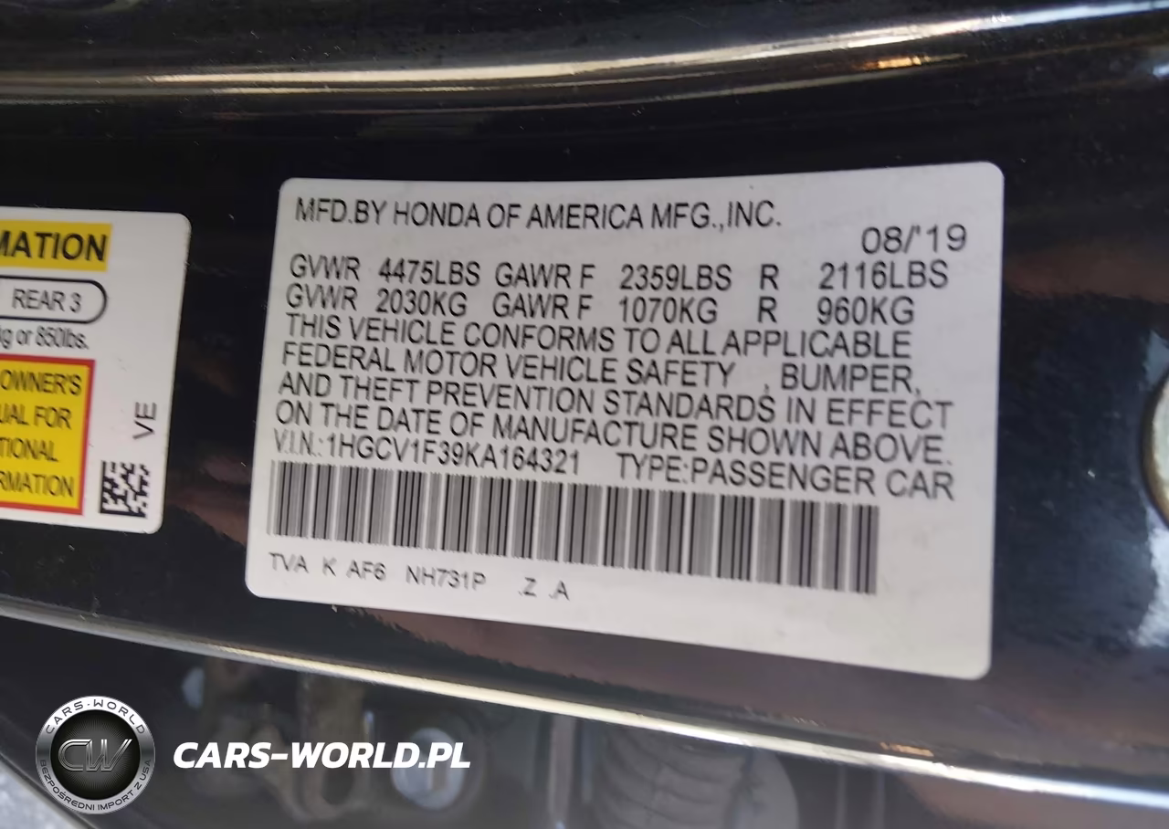 2019 Honda Accord Sport VIN:1HGCV1F39KA164321 - 9