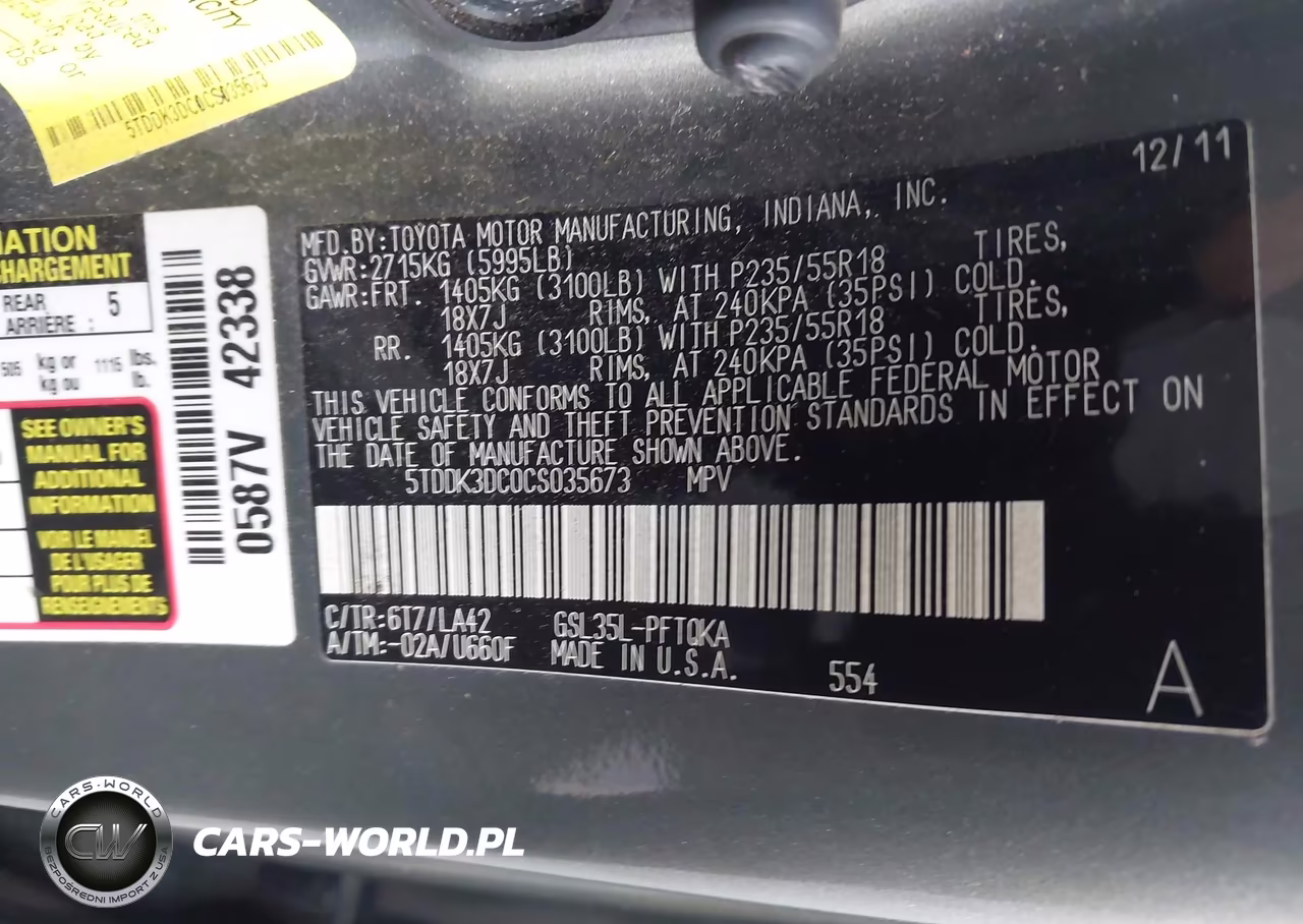 2012 Toyota Sienna Limited 7 Passenger VIN:5TDDK3DC0CS035673 - 9