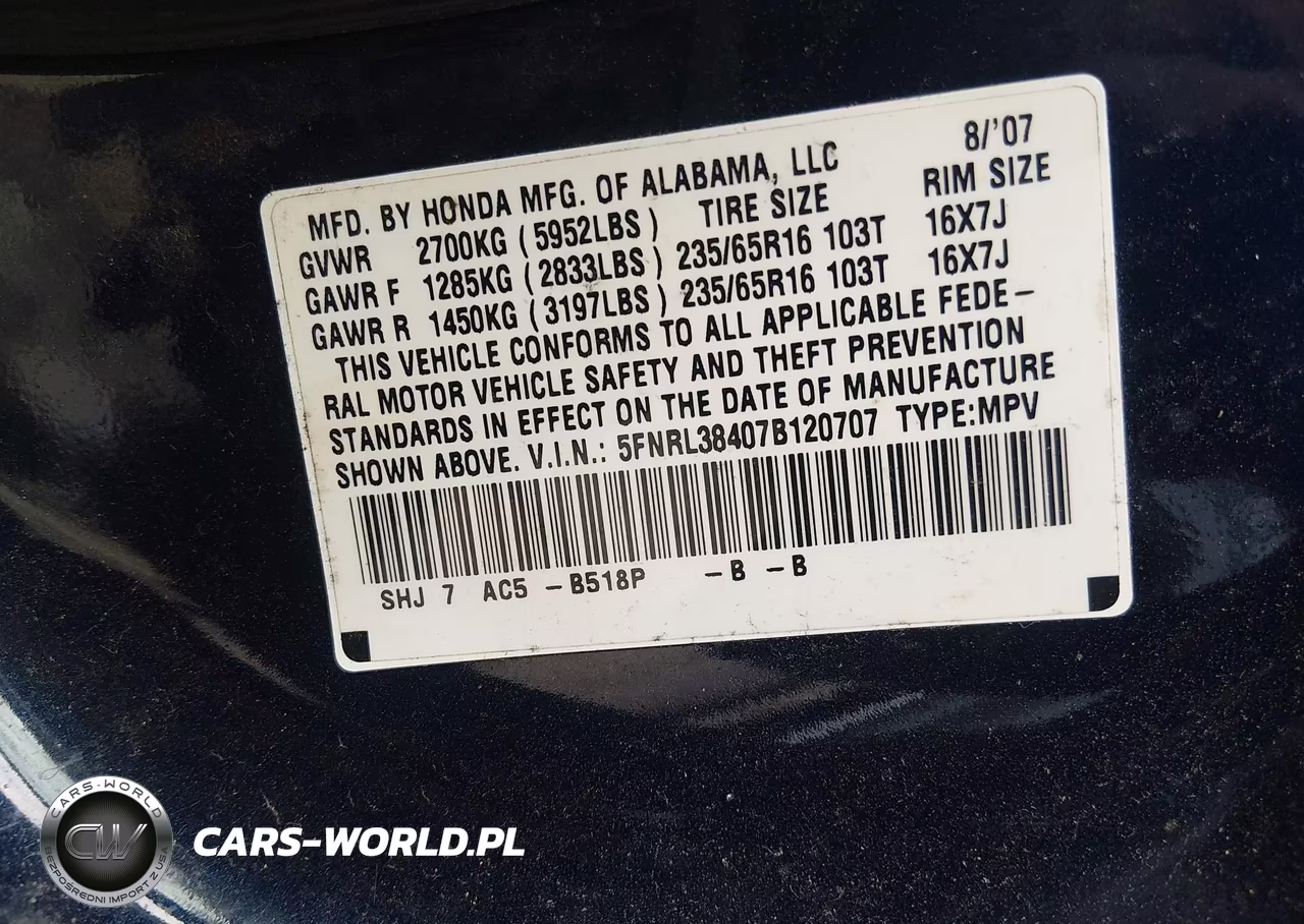 2007 Honda Odyssey Ex VIN:5FNRL38407B120707 - 9