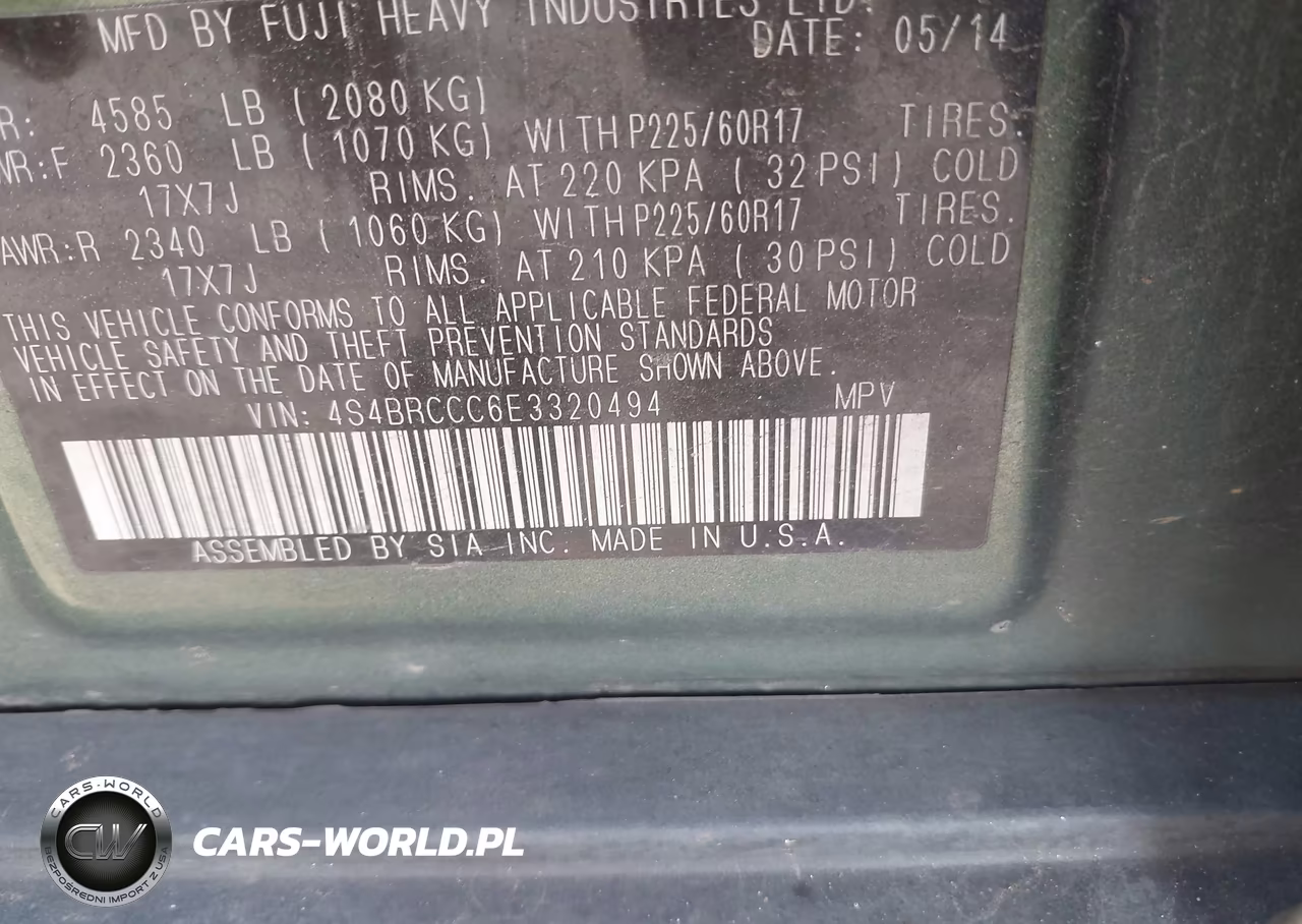 2014 Subaru Outback 2.5I Premium VIN:4S4BRCCC6E3320494 - 9