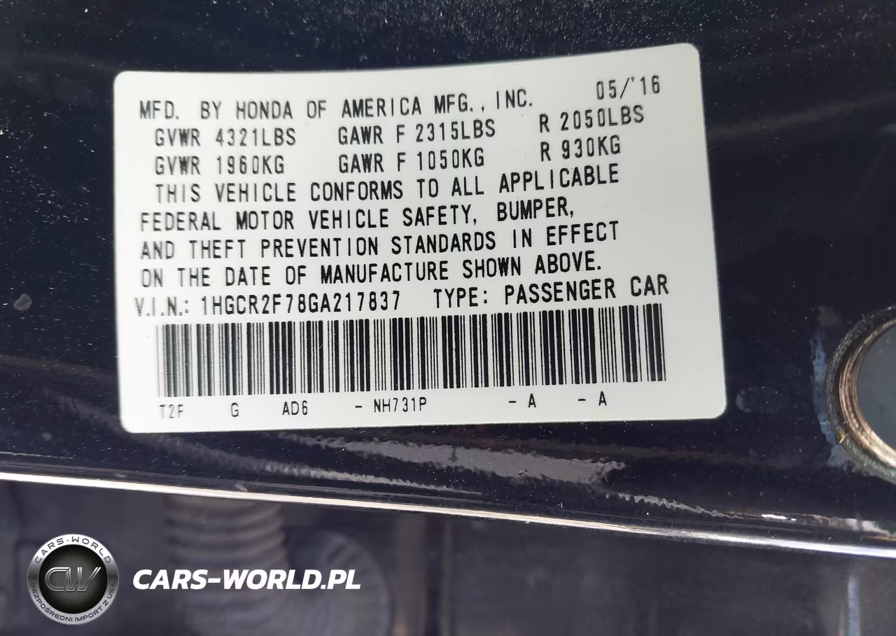2016 Honda Accord Ex VIN:1HGCR2F78GA217837 - 9