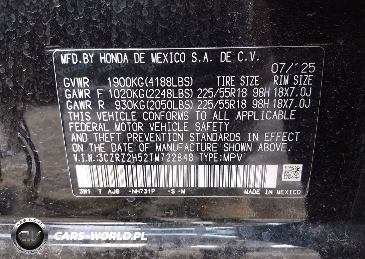 2026 Honda Hr-V Awd Sport VIN:3CZRZ2H52TM722848 - 9