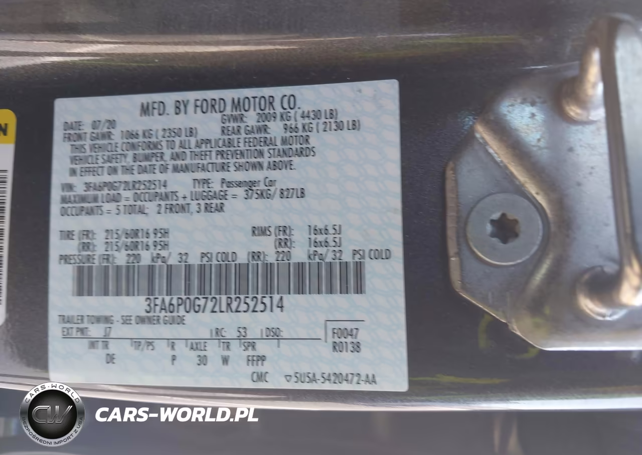 2020 Ford Fusion S VIN:3FA6P0G72LR252514 - 9