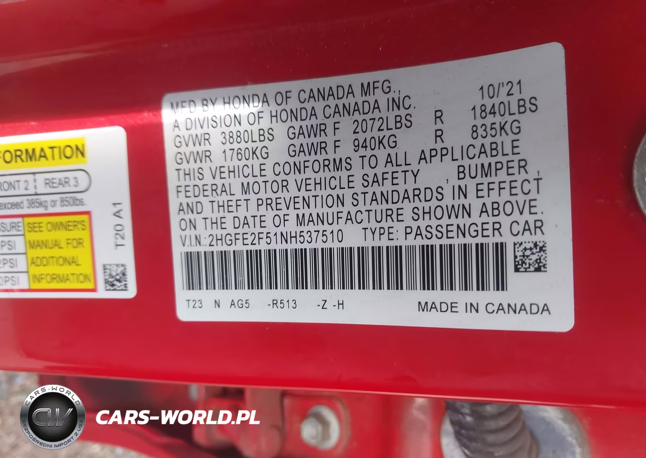 2022 Honda Civic Sport VIN:2HGFE2F51NH537510 - 9