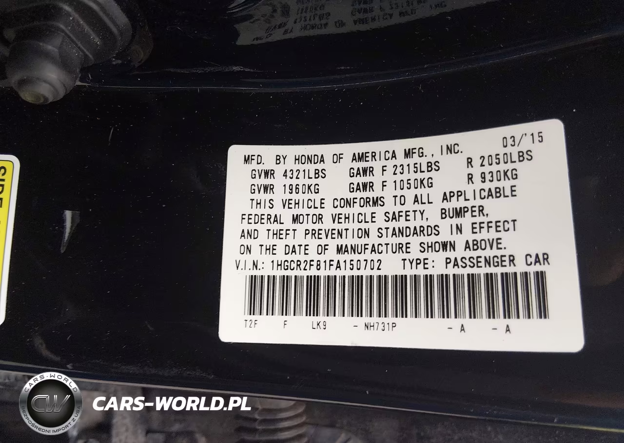 2015 Honda Accord Ex-L VIN:1HGCR2F81FA150702 - 9