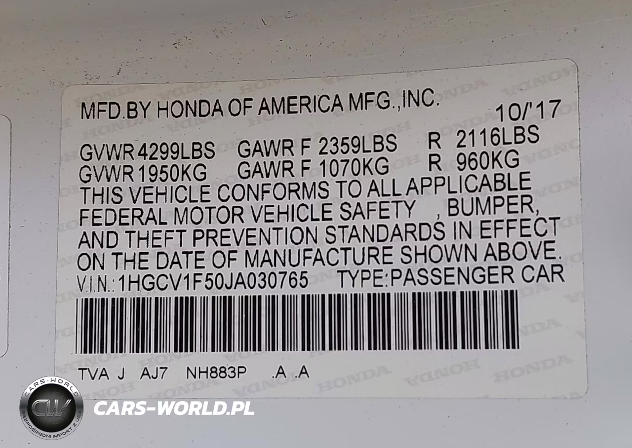 2018 Honda Accord Ex-L VIN:1HGCV1F50JA030765 - 9