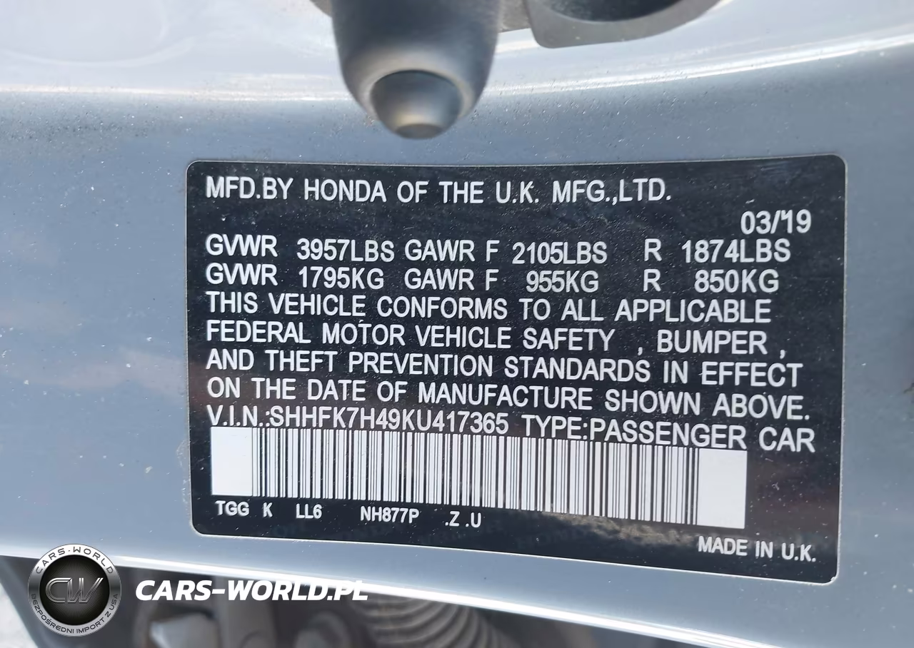 2019 Honda Civic Sport VIN:SHHFK7H49KU417365 - 9