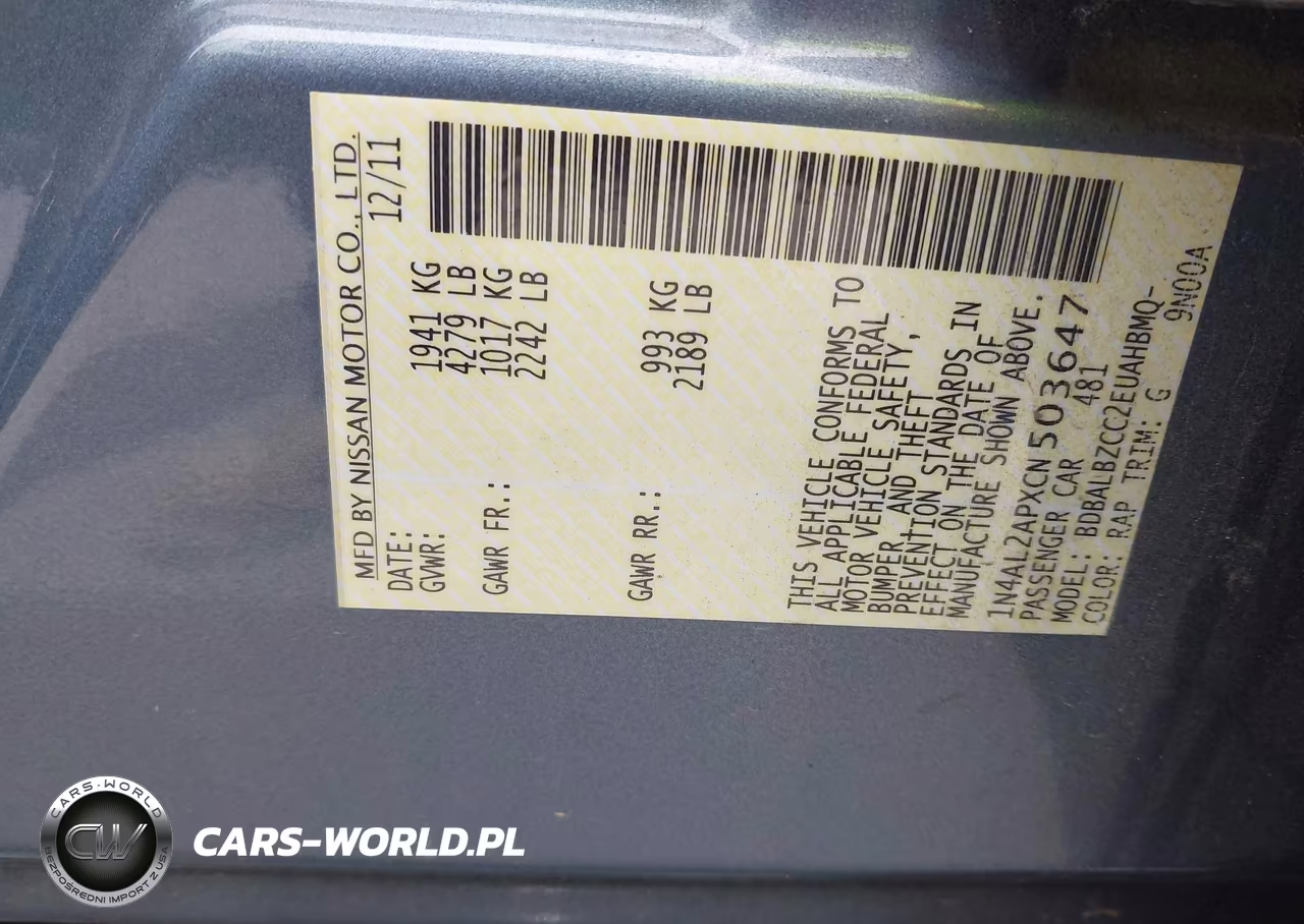 2012 Nissan Altima 2.5 S VIN:1N4AL2APXCN503647 - 9