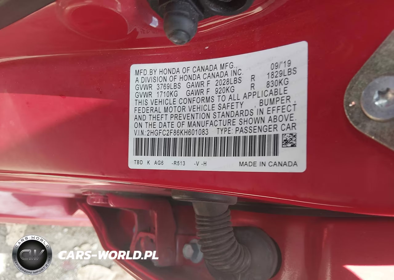2019 Honda Civic Sport VIN:2HGFC2F86KH601083 - 9