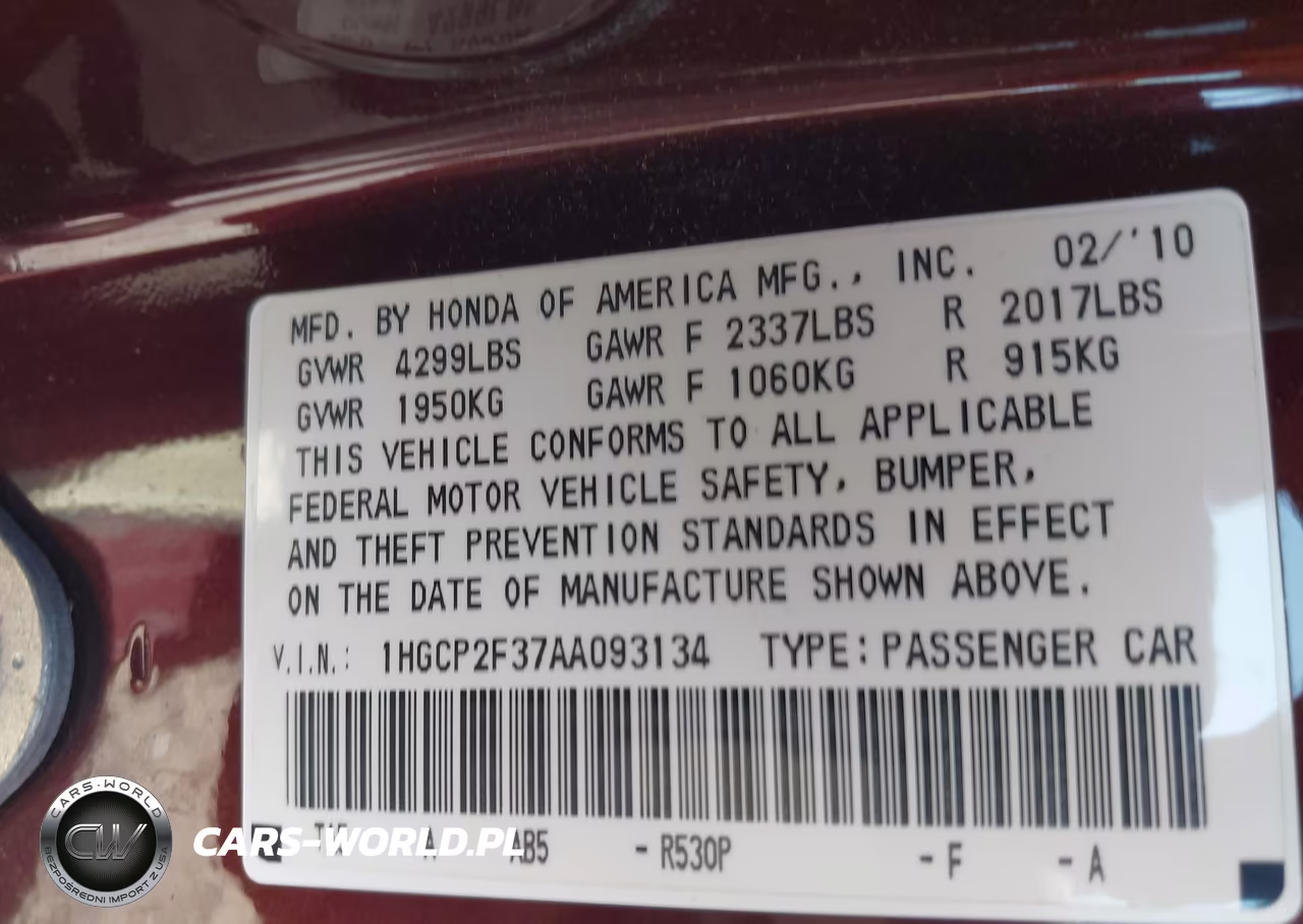2010 Honda Accord 2.4 Lx VIN:1HGCP2F37AA093134 - 9