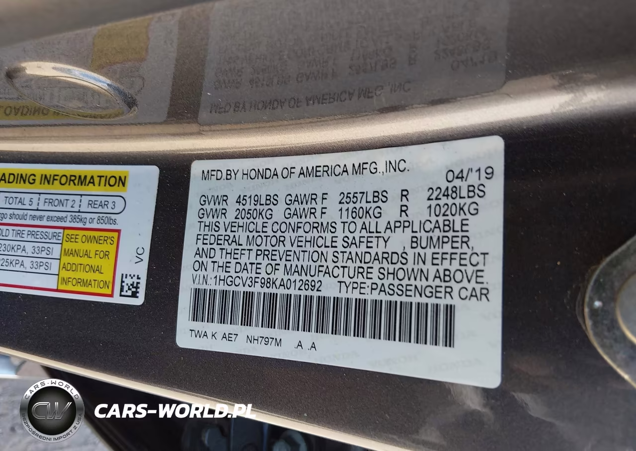 2019 Honda Accord Hybrid Touring VIN:1HGCV3F98KA012692 - 9