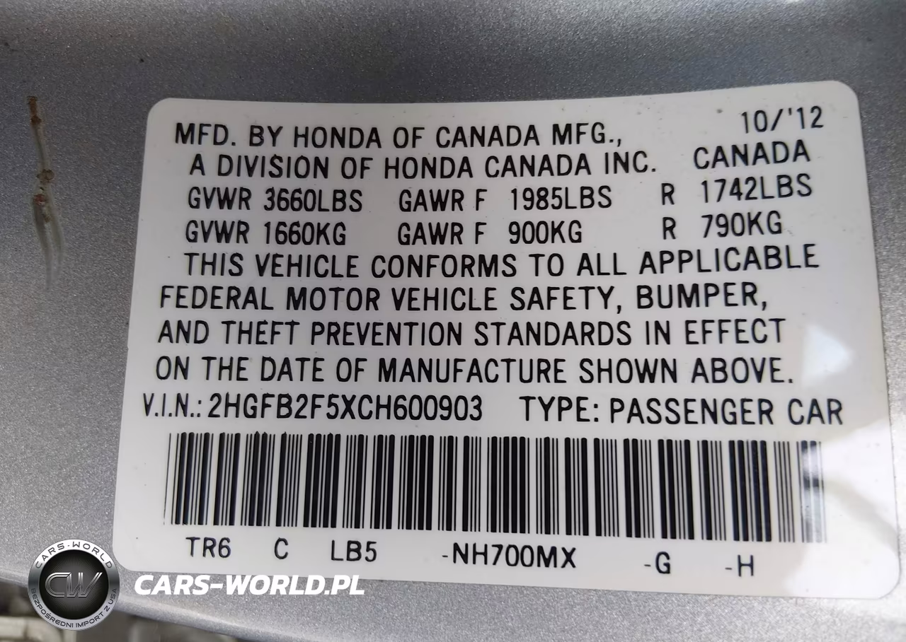 2012 Honda Civic Lx VIN:2HGFB2F5XCH600903 - 9
