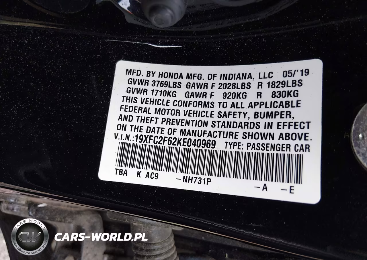 2019 Honda Civic Lx VIN:19XFC2F62KE040969 - 8