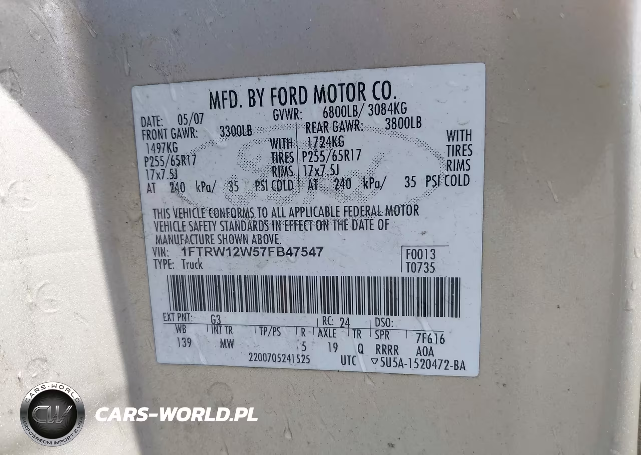 2007 Ford F-150 Xlt VIN:1FTRW12W57FB47547 - 9
