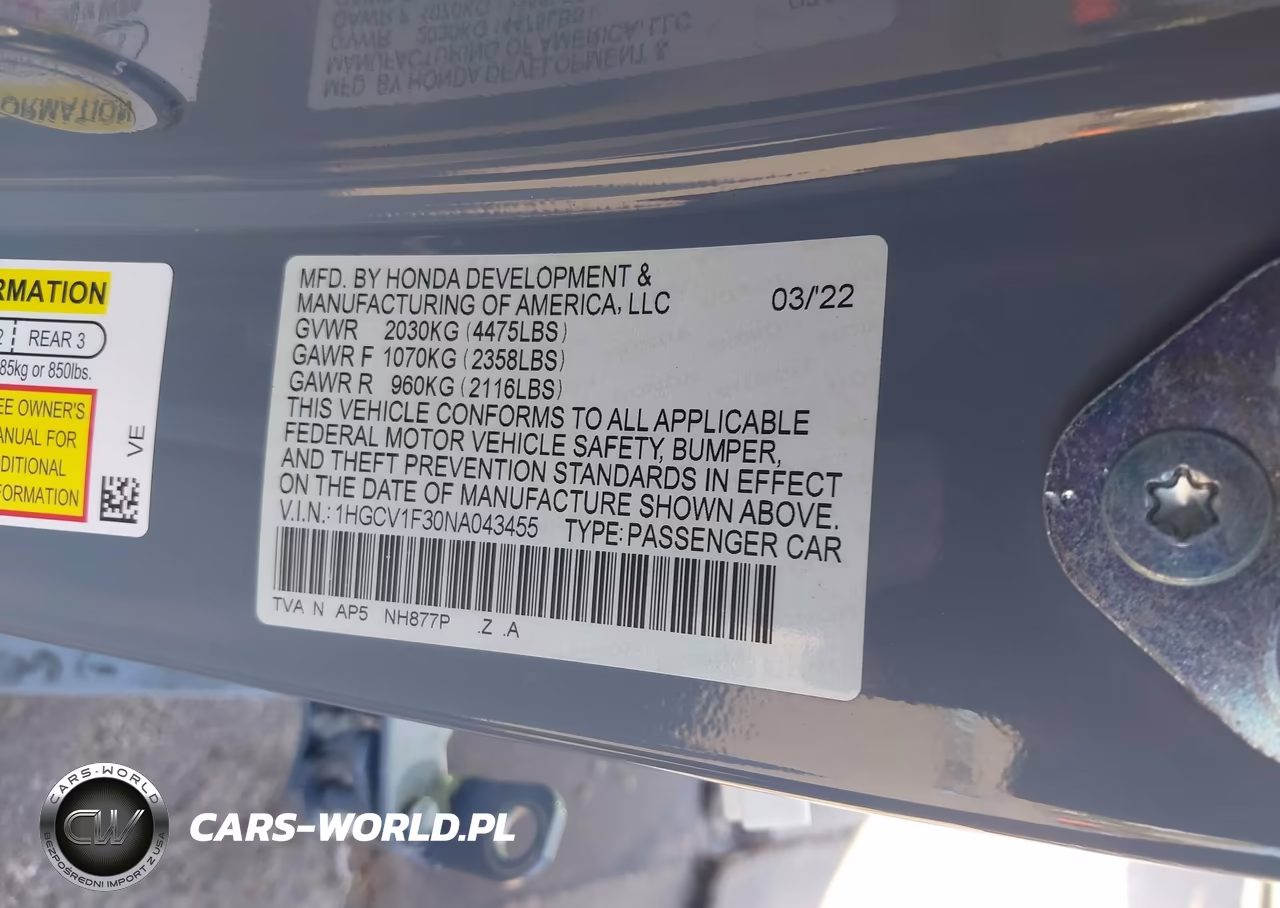2022 Honda Accord Sport VIN:1HGCV1F30NA043455 - 9