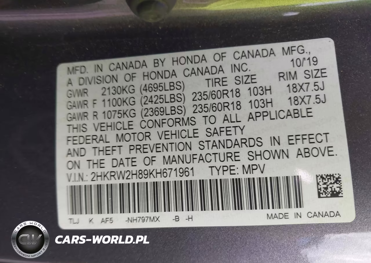 2019 Honda Cr-V Ex-L VIN:2HKRW2H89KH671961 - 9