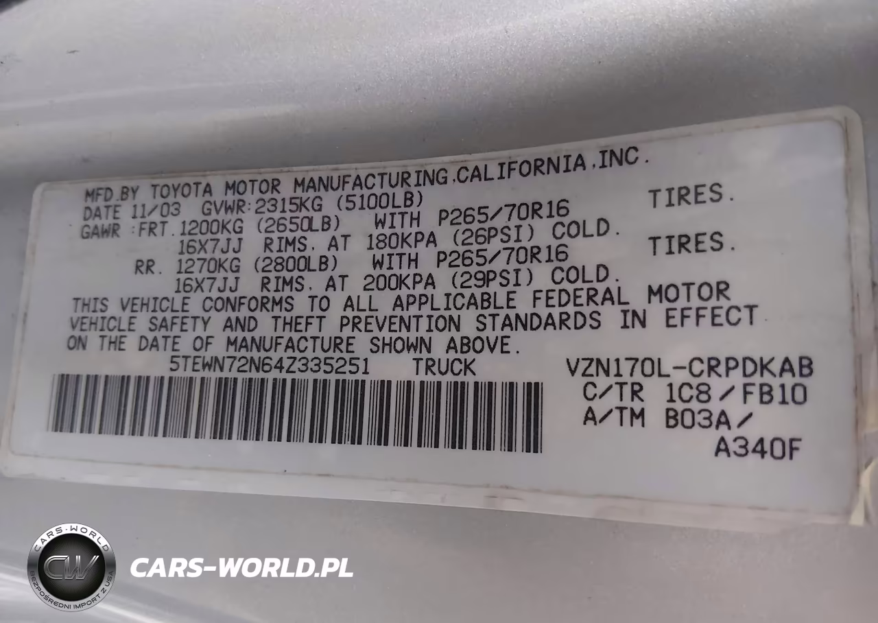 2004 Toyota Tacoma Base V6 VIN:5TEWN72N64Z335251 - 9