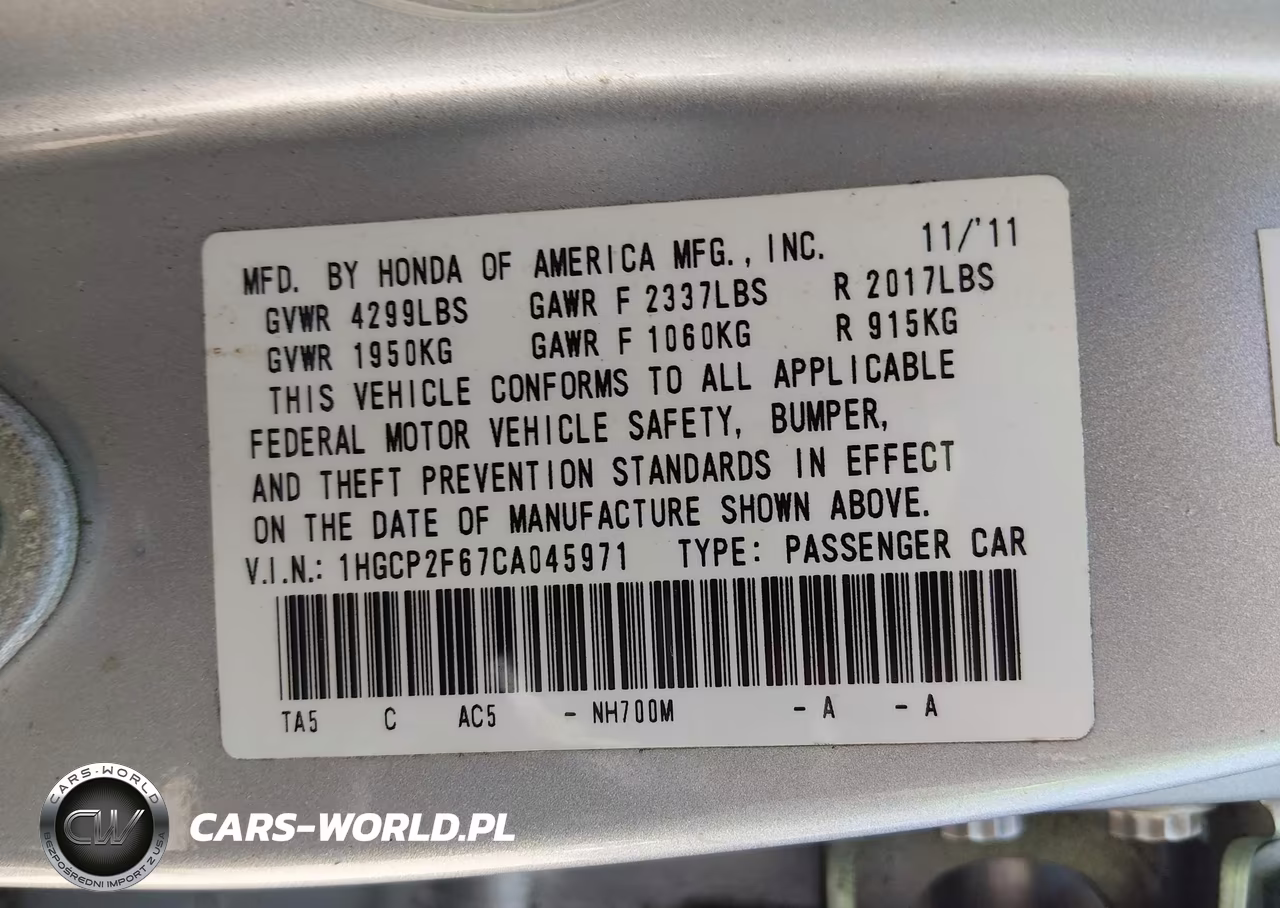 2012 Honda Accord 2.4 Se VIN:1HGCP2F67CA045971 - 9