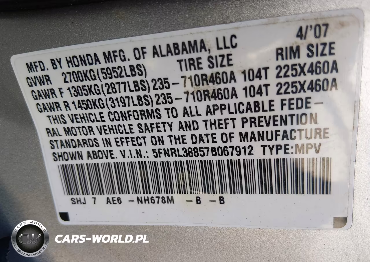 2007 Honda Odyssey Touring VIN:5FNRL38857B067912 - 9