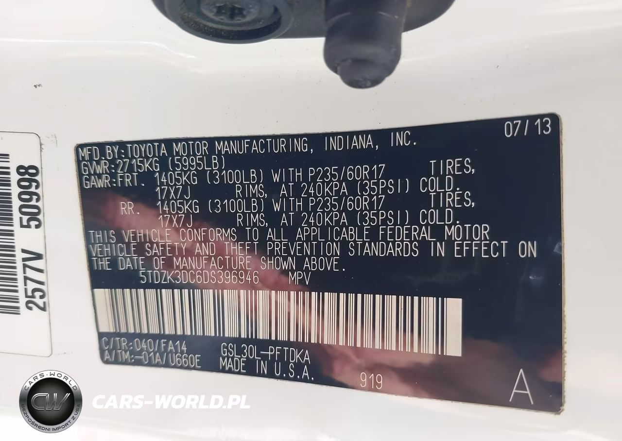 2013 Toyota Sienna L V6 7 Passenger VIN:5TDZK3DC6DS396946 - 9