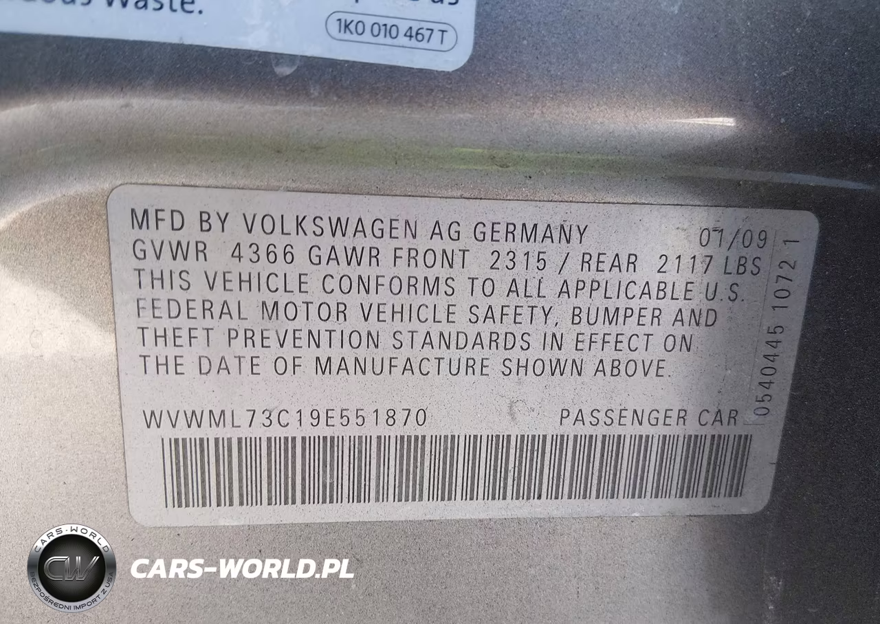 2009 Volkswagen Cc Sport VIN:WVWML73C19E551870 - 9
