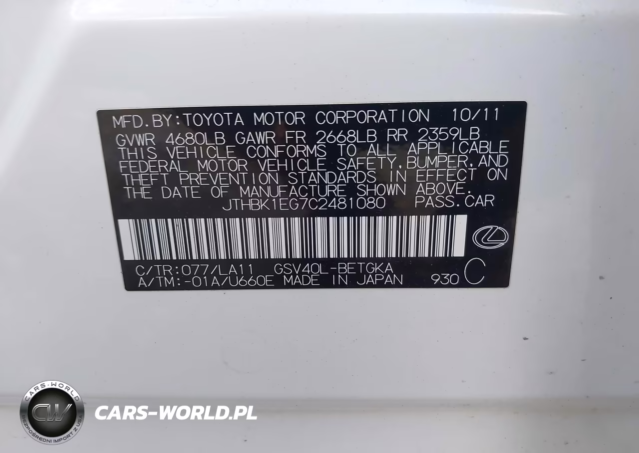 2012 Lexus Es 350 VIN:JTHBK1EG7C2481080 - 9