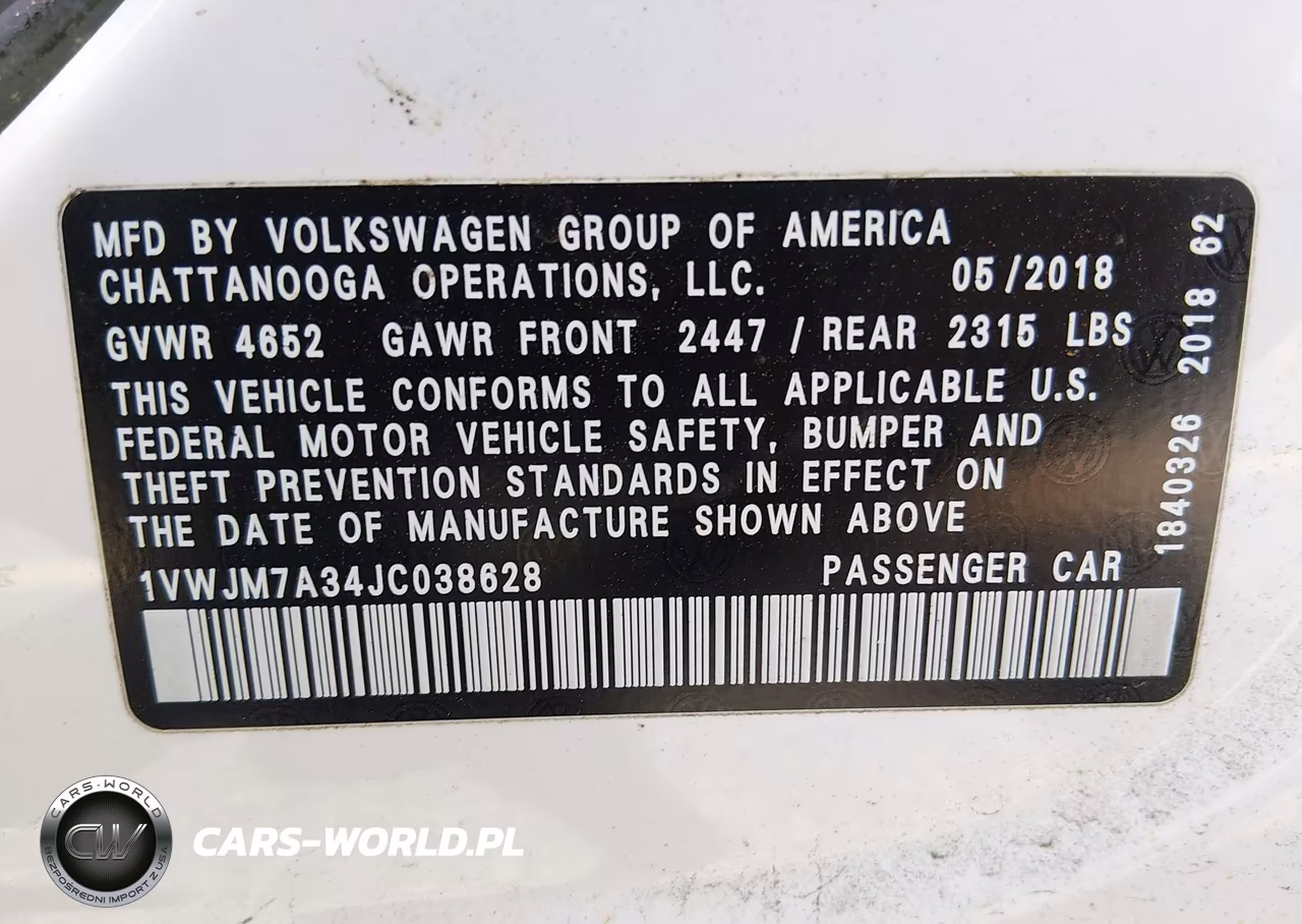 2018 Volkswagen Passat 3.6L V6 Gt VIN:1VWJM7A34JC038628 - 9