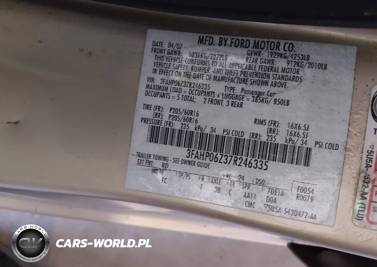 2007 Ford Fusion S VIN:3FAHP06Z37R246335 - 9