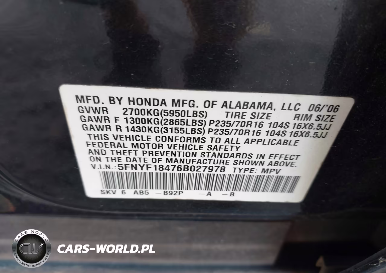2006 Honda Pilot Ex VIN:5FNYF18476B027978 - 9